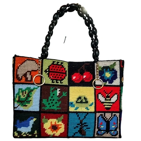 Vintage 70’s Grannycore Needlepoint Handbag with Black Beaded Handles - Picture 2 of 9